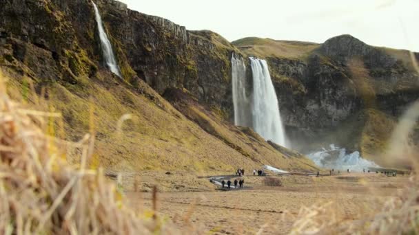 Região Sul Islândia Março 2023 Turistas Visitam Bela Cachoeira Seljalandsfoss — Vídeo de Stock