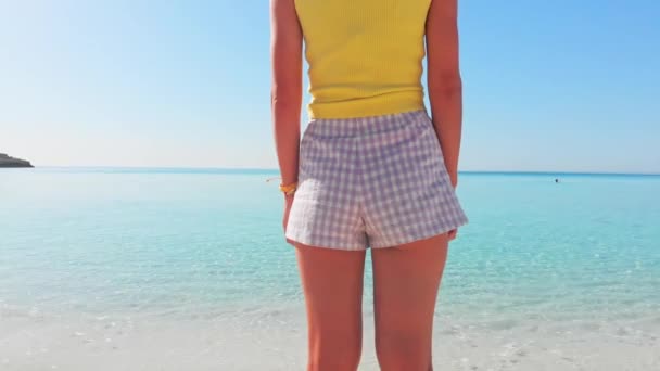 バックビュー美しい若い女性は キプロスの日系ビーチに立つ夏の屋外での休暇に海の景色をお楽しみください 澄んだ地中海が広がる青い空と白い砂浜 — ストック動画