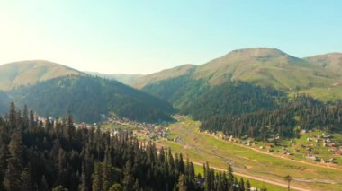 Aerial view Bakhmaro village panorama in summer. FAmous travel landmark summer resort in caucasus mountains. Holiday destination in Guria, Caucasus