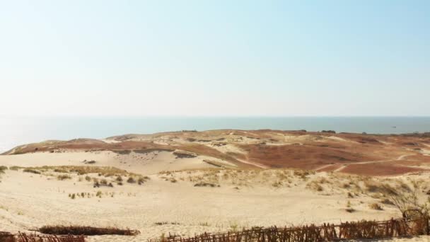 空中後方ビューバルト海の海岸とParnidis砂丘と夏のクルオニアのスパート風景 ネリンガ リトアニア 白い砂丘 死んだ砂丘 キュロニアンラグーン — ストック動画