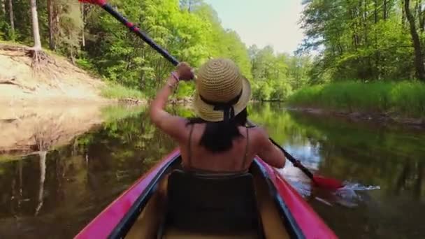 강변에서 구명조끼를 카약을 아름다운 숲에서 여름에는 상쾌하게 운동을 심리적으로 — 비디오
