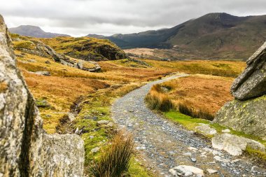 Galler doğasında patika yolu. Güzel, vahşi kırsal alanlarda kar fırtınasına giden yol.