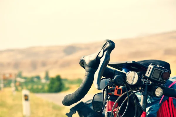 Drop Bar Turismo Bicicleta Stand Close Com Câmera Ação Anexada — Fotografia de Stock