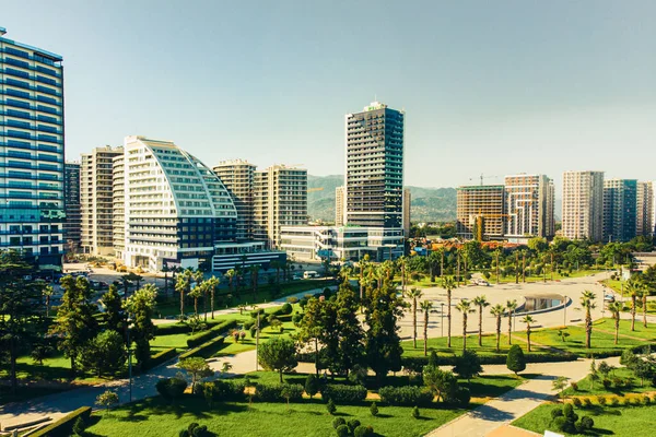 stock image Panoramic View to Batumi coast and tourist attractions with black sea background. Vacation holidays in caucasus. Georgian travel destination