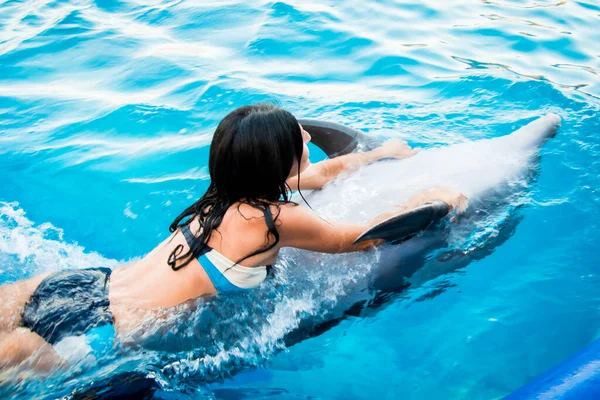 Caucasian Woman Swim Dolphin Pool Batumi Swim Dolphin Experience Concept — Fotografia de Stock