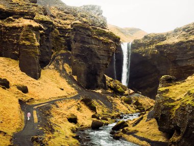 Yoldaki kadın turist ünlü Kvernufoos şelalesini ziyaret ediyor. Kvernufoss Şelalesi 'ndeki sarı çim tepeleri. İzlanda, Avrupa 'daki saf su nehrinin görkemli yaz manzarası