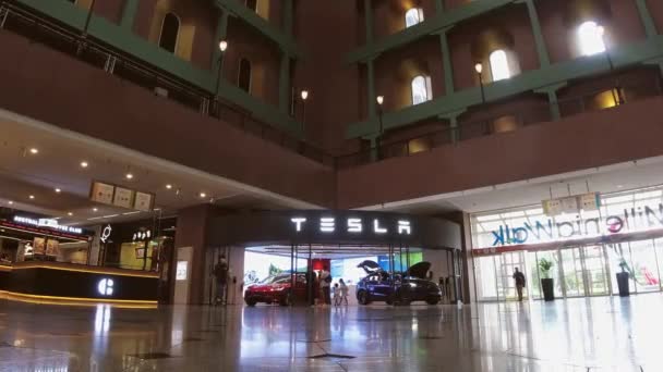 Singapore April 2024 Millenia Promenad Mall Singapore Familjebesök Populär Tesla — Stockvideo