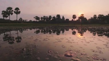 Güzel Angkor Wat gölünün yansımaları Kamboçya 'da hareket halindeki turistlerle birlikte gün doğumunda ünlü simgeleri ziyaret eder.