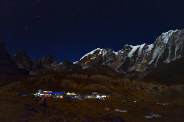 Dzongla small village with few teahouses in Nepal Himalayas mountains at night. Clear Starry nights high altitude romantic trekking outdoors in fall clipart
