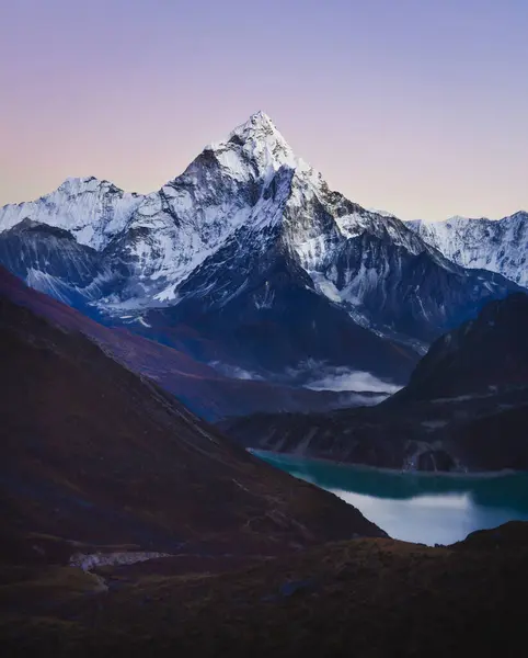 stock image Ama dablam mountain peak and Chola or Cholatse lake. View from Dzongla village.Everest base camp trek detour route and visible peaks concept.Sagarmatha national park