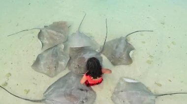 Kırmızı bikinili beyaz kadın, Maldivler Fulidhoo Adası plajında 7 vatozun yanında duruyor. Tatil yeri aktiviteleri