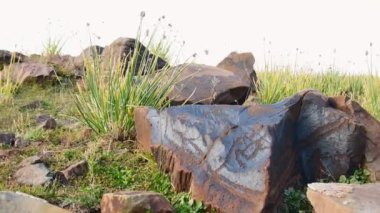 Saymaluu-Tash.Petroglyph sitesinde kadın çocuk ailesi oymacılığı, ulusal park, Celal-Abad, Kırgızistan. Kazarman. Antik insanlar sanat eserlerini simgeler. UNESCO 'nun Saimaly-Tash Petroglifleri Kalıcı Listesi