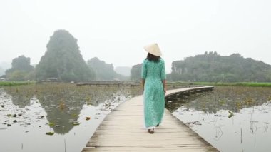Kadın turist Ninh Binh, Hanoi, Vietnam 'daki tarım alanlarını ziyaret ediyor. Seyahat et, Güney Doğu Asya 'nın doğal güzelliklerini gör..