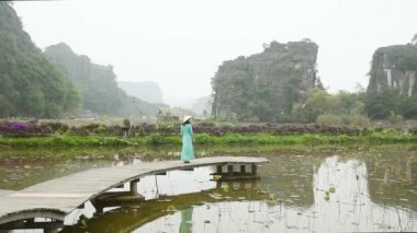 Kadın turist Ninh Binh, Hanoi, Vietnam 'daki tarım alanlarını ziyaret ediyor. Seyahat et, Güney Doğu Asya 'nın doğal güzelliklerini gör..