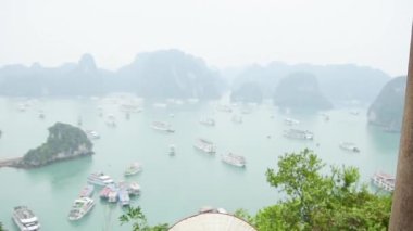 Bir genç Gezgin kız dağ Halong Bay üstüne otur ve deniz manzarası güzelliği yakalayın. Genç kız aşk yaban hayatı, seyahat, özgürlük.