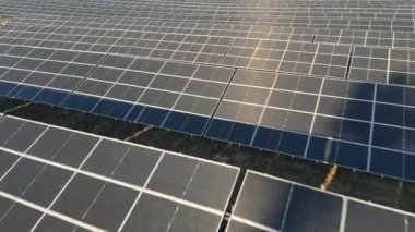 Endüstriyel büyüklükteki güneş paneli tarlaları üzerinde uçan sinek. Güneş pili enerji santrali eko teknolojisine yakın çekim. Sürdürülebilir kaynaklar ve yenilenebilir enerji kavramı. Mavi ton güneşi güneş paneline yansıyor.