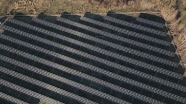 Güneş enerjisi istasyonunda çalışan yükselen manzaralı işçiyi gözler önüne seriyor. Güneş panelleri sıra sıra traktör sürüyor. Litvanya, Avrupa Birliği 'ndeki güneş paneli çiftliğinde traktörlü bir işçi çim biçiyor..