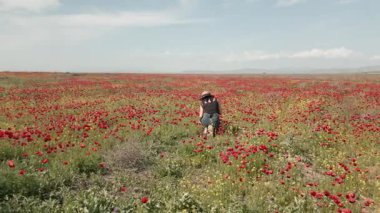 Havadan bakan kadın kendini afyon tarlasında görüntülüyor. Sosyal medya için canlı içerik yakalıyor. Etrafı kır çiçekleriyle çevrili, poz veriyor, kamerayla mükemmel bir şekilde etkileşimde bulunuyor.