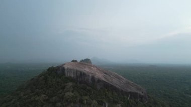Sigirya kaya manzaralı ve Sri Lanka Kültür Üçgeni 'ndeki yemyeşil ormanlı Pidurangala Kayası' nın üst perspektifinde yükselen hava manzaralı ziyaretçi.