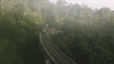 Hava manzaralı yolcu treni, bulutlu sabahın erken saatlerinde yemyeşil sularla çevrili Ella, Sri Lanka yakınlarındaki ikonik dokuz kemer köprüsünü geçer.