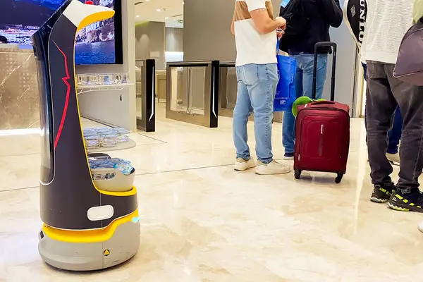 Abu Dabi, BAE - 25 Nisan 2025: Robot Abu Dabi Havaalanı Akıllı Seyahat Deneyimi 'nde Su Hizmet Ediyor. Lüks salonda misafir. Yapay zeka ve otomasyon yoluyla günlük hayatta hizmet veren kavramsal teknoloji