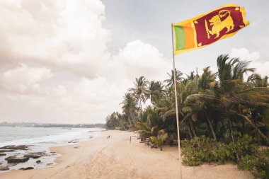 Tropikal manzaralı güneşli tropikal plajda dalgalanan Sri Lanka ulusal bayrağının hava statik görüntüsü. Görüntülerde vatanseverlik, kıyı güzelliği ve ulusal kimlik, turizm konsepti vurgulanıyor