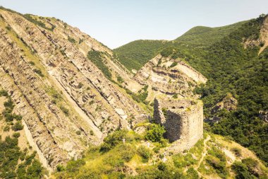 Hava manzaralı turist yürüyüşçüleri, Mtskheta, Gürcistan yakınlarındaki önemli antik savunma sisteminin bir parçası olan eğimli kaya oluşumları ve orman tepeleri ile dik yamaçlardaki Armazi Kalesi 'ni gezmeyi keşfederler.
