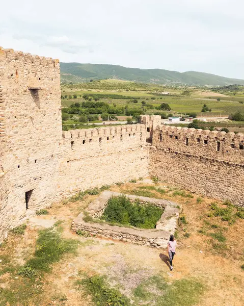 Hava manzaralı turist Chailuri Kalesi ya da Niakhura Kalesi 'ni geziyor. Doğu Georgia. Kısmi kuleleri ve kalın taş duvarları olan ortaçağ kalesi. Üzüm bağlarıyla çevrili Sagarejo bölgesi