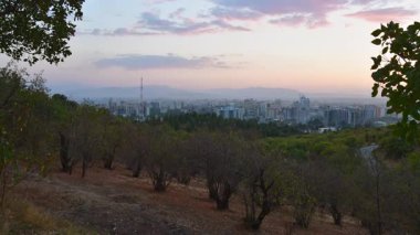 Timelapse statik manzaralı Tacikistan başkenti Dushanbe manzaralı popüler tepedeki Victory Park manzaralı televizyon kulesi, binalar, gayrimenkul geliştirme sitesi