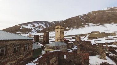 Timelapse view Svan towers settlement in Murkmeli village. Ushguli. View from guesthouse. Accommodation in Svaneti concept.Sightseeing attraction landmark