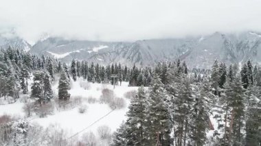 Svaneti Georgia 'daki Hatsvali kayak merkezinin hava manzarası. Karla kaplı dağlar, orman ve kış yamaçları var.