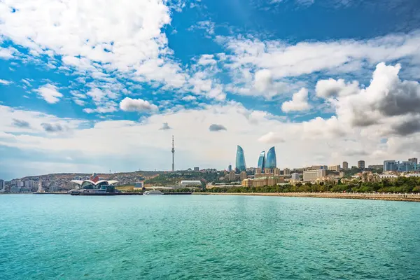 Amplia Vista Panorámica Bahía Bakú Imagen de archivo