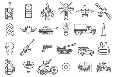 Army and military icon set. War equipment sign. Flat style vector illustration isolated on white background. clipart