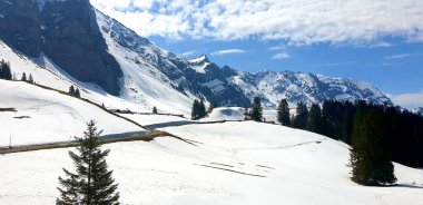 İsviçre Alplerinde kış mevsimi. Panoramik manzara. Dağlarda karlı kış manzaraları Köknar ağaçları ve ahşap çitlerle. 