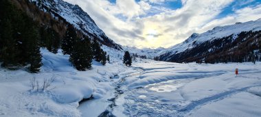 İsviçre Alplerinde kış mevsimi. Panoramik manzara. Dağlarda karlı kış manzaraları Köknar ağaçları ve ahşap çitlerle. 
