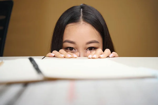 Close Portrait Beautiful Asian Female Brunet Eyes Putting Finger Office — Stock Photo, Image
