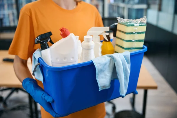 Cleaner Cleaning Company Holds Her Hands Professional Set Gadgets Cleaning — Stock Photo, Image