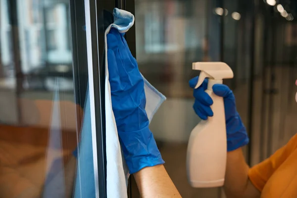Employee Cleaning Service Uses Special Spray Napkin Washing Disinfecting Office — Stock Photo, Image