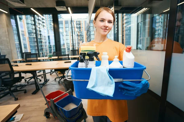 Young Cleaning Lady Holds Abucket Her Hands Set Gadgets Cleaning — Stock Photo, Image