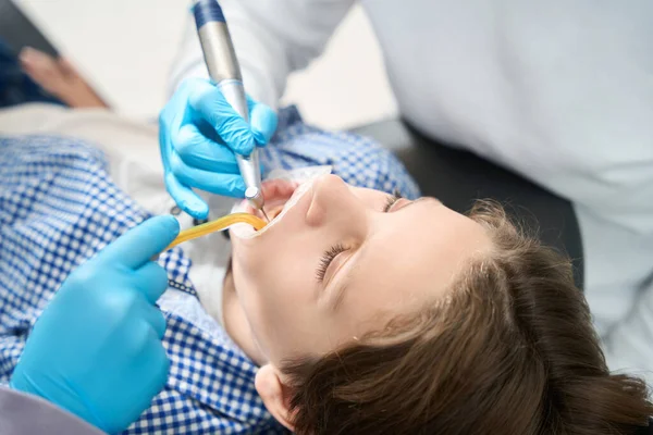Teenager Dentist Appointment Medical Institution Doctor Uses Endomotor His Work — Stock Photo, Image