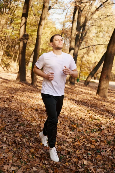 ハンサムな強い男が倒れたオークの葉を通って走り 彼は軽いスポーツウェアを着ている — ストック写真