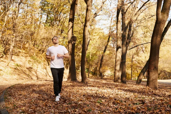 Atletik Adam Altın Sonbahar Parkı Boyunca Koşar — Stok fotoğraf