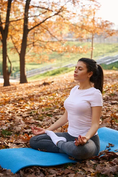 Young Woman Sits Park Carimate Does Yoga Backdrop Autumn Landscape — Stock Photo, Image