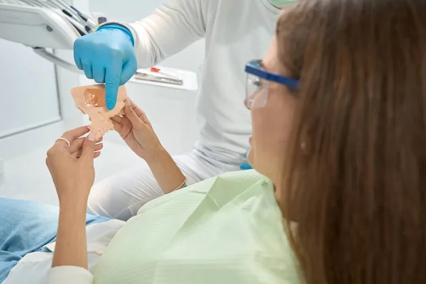 硝酸盐手套的胃病学专家 用手指女性病人手上颌骨模型的颧骨 — 图库照片