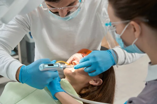 Stomatologist Injecting Local Anesthetic Gum Female Patient Dental Syringe Gun — Stock Photo, Image