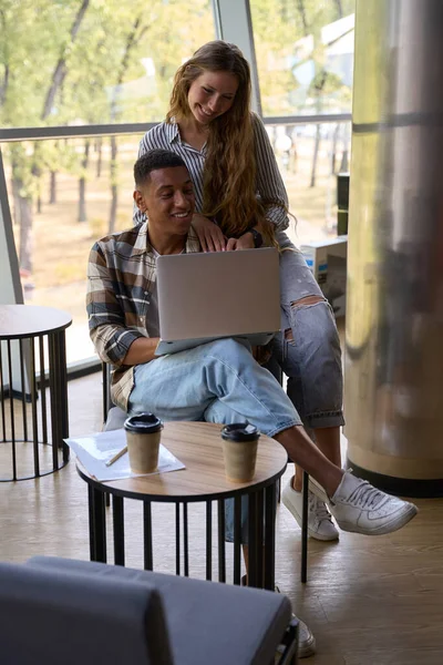 Smiling African American Man Caucasian Woman Looking Laptop Screen Large — Stock Photo, Image