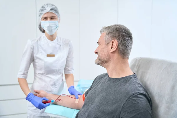 Nurse Sterile Manipulation Room Takes Blood Sample Patient Smiling Man — Photo
