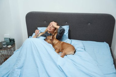 Sick woman with digital thermometer lying in bed beside her French bulldog