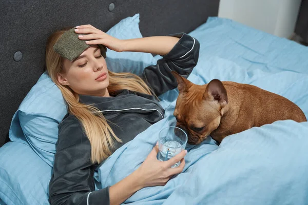 Sick Woman Compress Head Lying Bed Her Dog — Stock Photo, Image