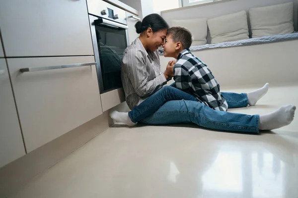 Happy African American Woman Chatting Teen Son Home Boy Distance — Fotografia de Stock